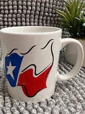 White Ceramic Mug with Red & Blue Graphic
